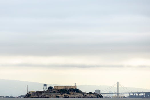 Alcatraz Island with the Golden Gate Bridge in the background