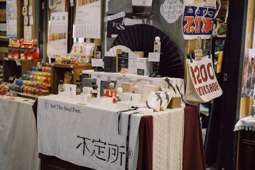 colorful flea market stalls filled with vintage items