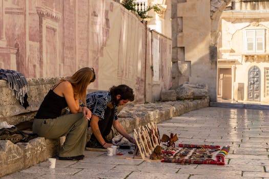 Vibrant market scene with artisans